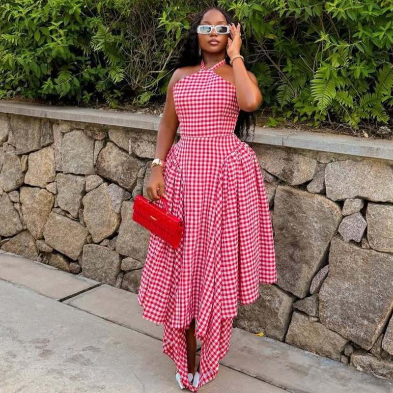 Women's Halter Neck Plaid Maxi Dress Sleeveless Loose Summer Vacation Long Dress