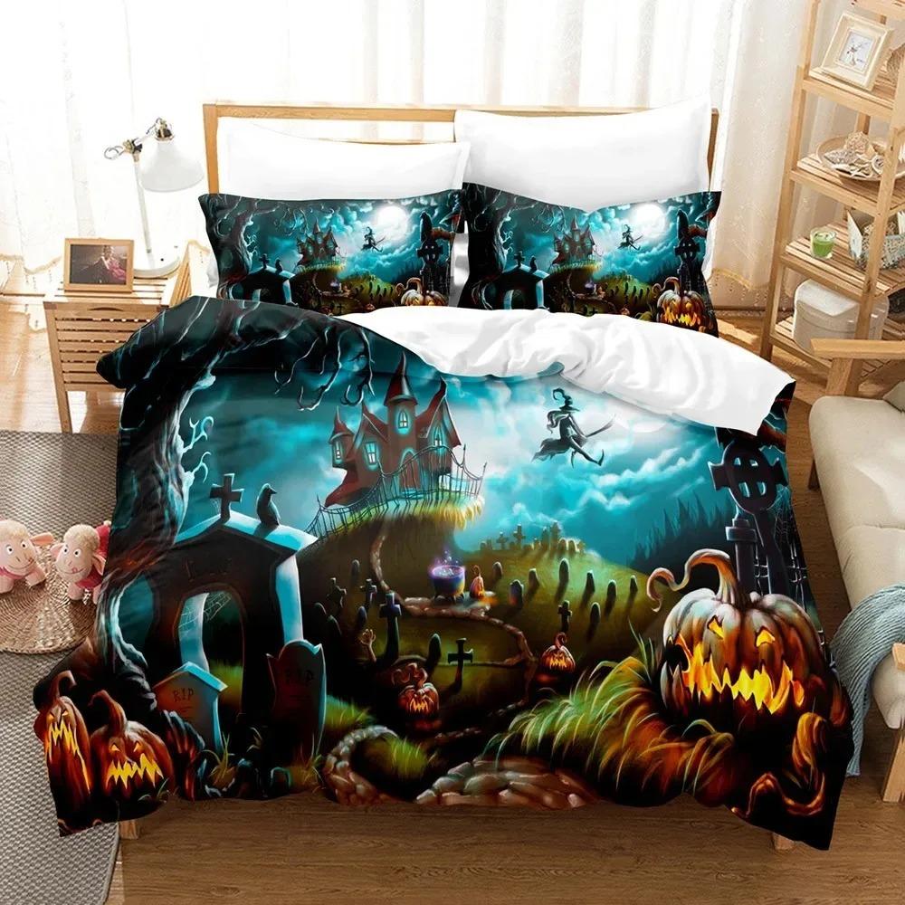 Comforter Halloween Bedding Set Kingqueen Size Cartoon Pumpkin Lantern Castle And Bat Dark Horror Night Polyester