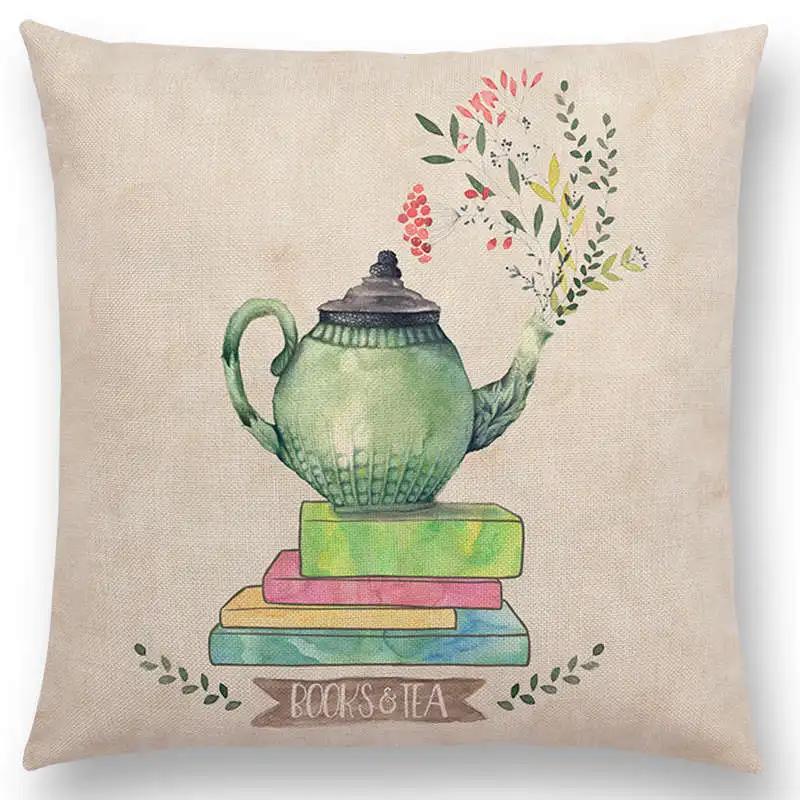 Tea Reading Books Pillow Case Home Decor Linen/cotton Cushion Cover Designer Pillow Cover for Sofa Bedroom Housse De Coussin