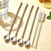 6Pcs Reusable Straw Spoon Tableware Stainless Steel Metal Straw Cocktail Drinking Straw Spoon Milk Bar Coffee Stirring Accessory