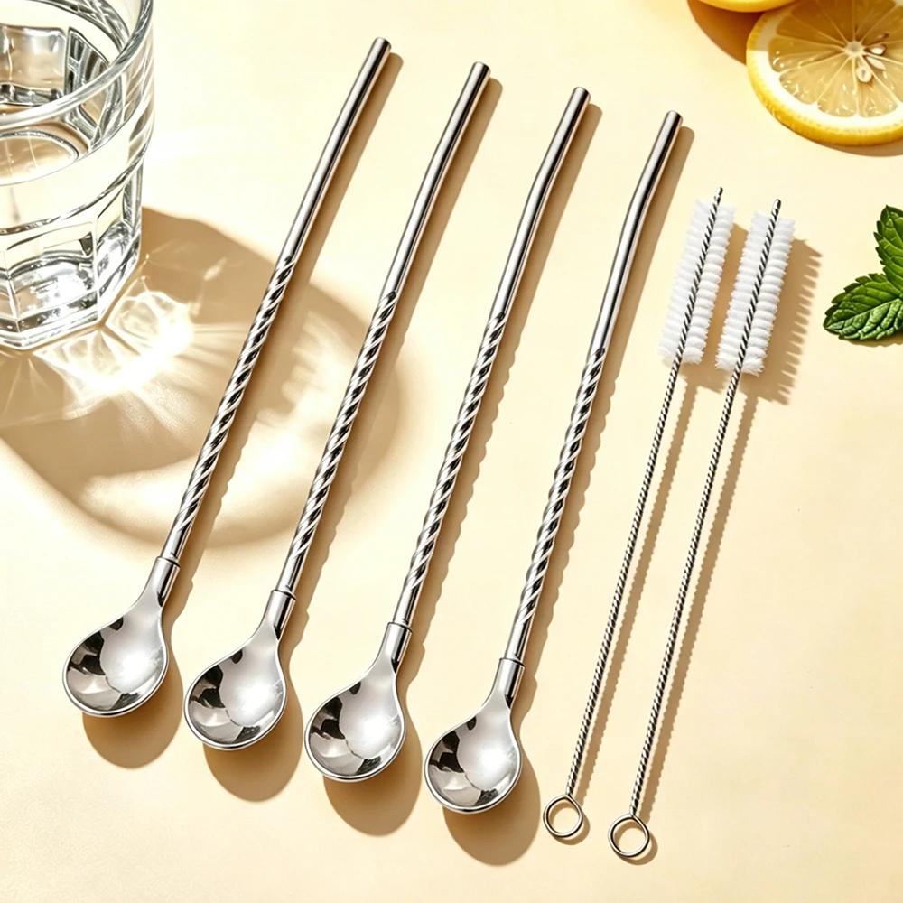 6Pcs Reusable Straw Spoon Tableware Stainless Steel Metal Straw Cocktail Drinking Straw Spoon Milk Bar Coffee Stirring Accessory