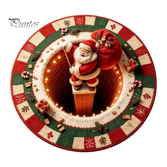 Winter Welcome Mat 3D Christmas Round Rug, Optical Illusion Area Santa Claus Deep Hole Festive Indoor Floor Prints, Non-slip Rug for Entrance