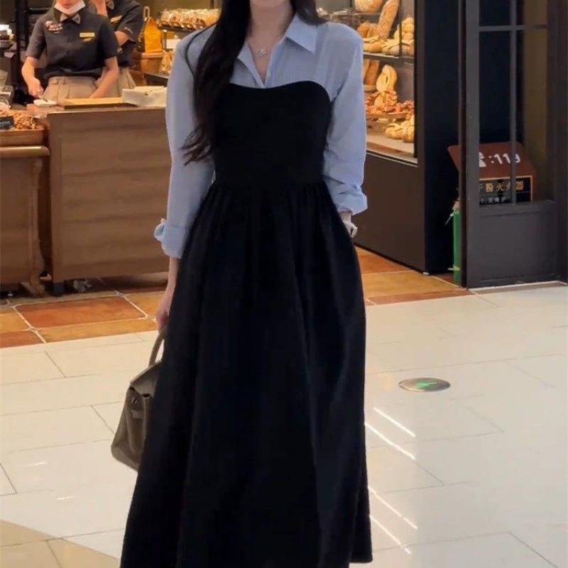 Große Größe Herbst Damen Fake Zweiteiler Hemd, Schwarzes Langarmkleid, Hochwertige Passform