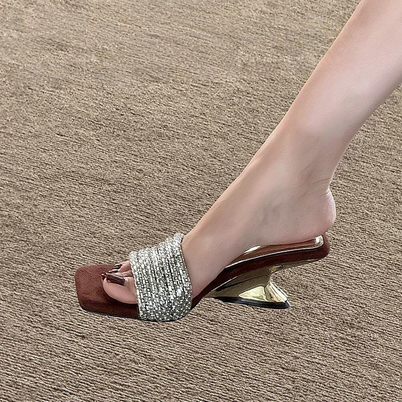 

Beautiful one-word sandals for women s summer wear 2025 new rhinestone with suede temperament high-heeled cool slippers 35