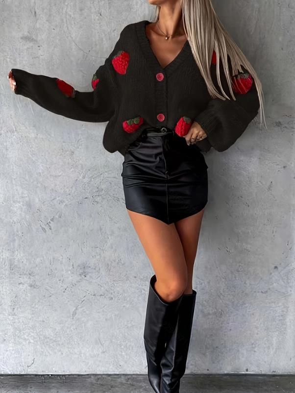 European V-Neck Single-Breasted Strawberry Knit Cardigan