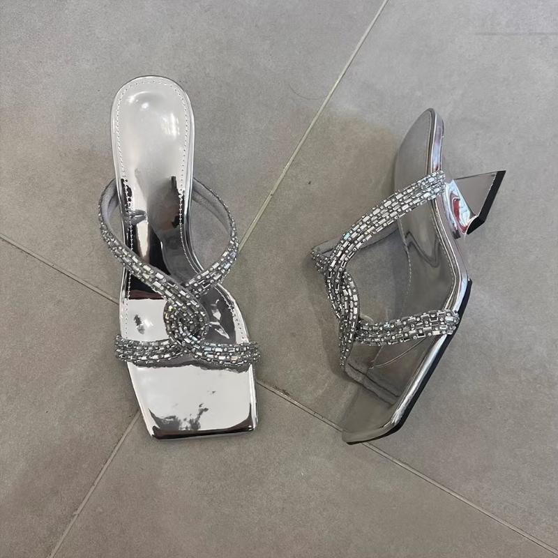 Fashion 2025 New Straightened Sandals Slim Heel Sandals Summer Twisted with Diamonds Square Toe High Heels Worn on The Outside