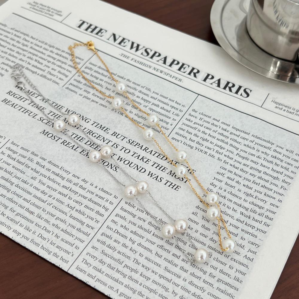 Korean Style S925 Sterling Silver Beaded and Layered Pearl Necklace for Women - Elegant Sweater Chain Accessory