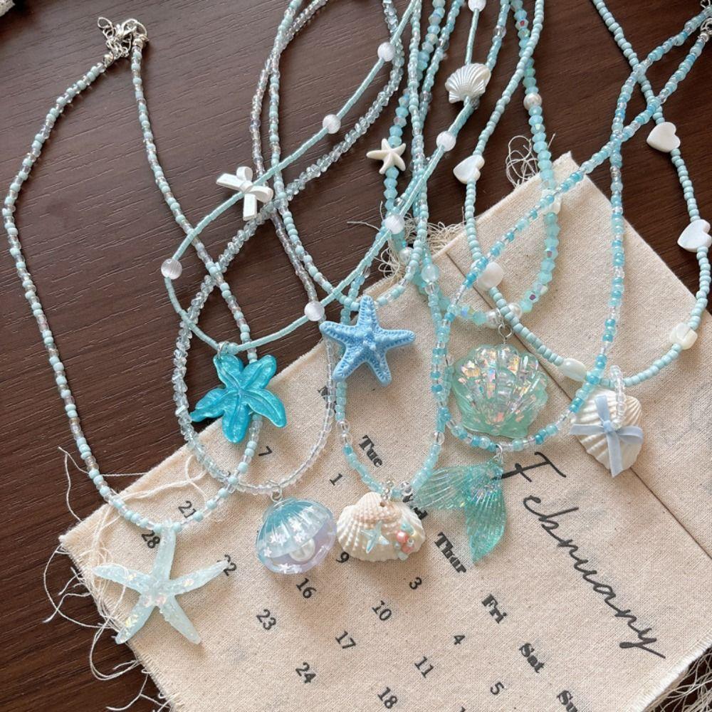 Blue Beaded Beaded Necklace Lightweight Ocean Resort Necklace Sweet Starfish Choker Daily Wear
