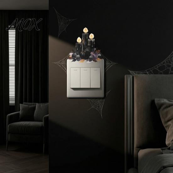 Festive Holiday Interior Furnishings Black Candle Pumpkin Skull Light Switch Sticker, Halloween Dark Fairy Tale Gothic Home Decor Accessories