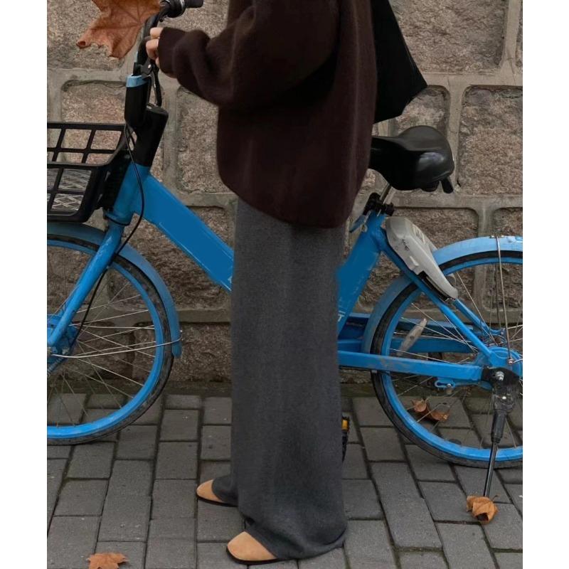 2024 Autumn and Winter Knitted Wide-leg Pants for Women Thickened Fashion Casual Straight Long Pants Solid Color Simple Elegant Trousers 2364