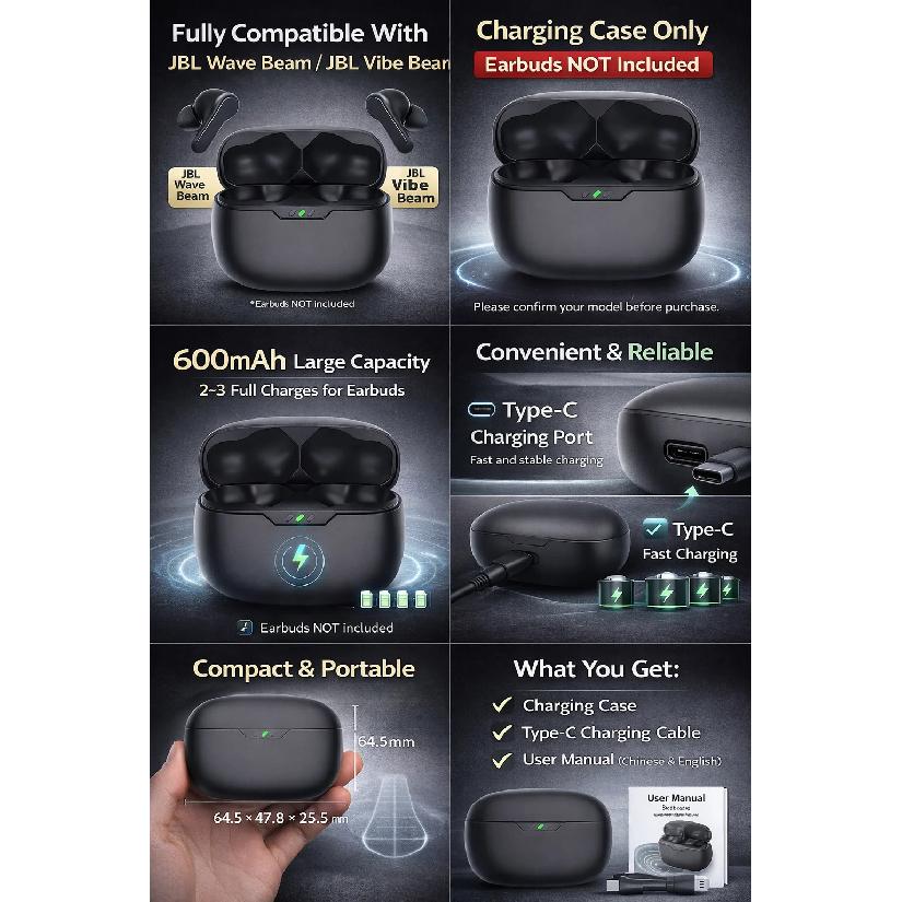 Pro nabíjecí pouzdro JBL Wave Beam / Vibe Beam 600mAh Typ-C Kompatibilní Náhradní pouzdro Pouze