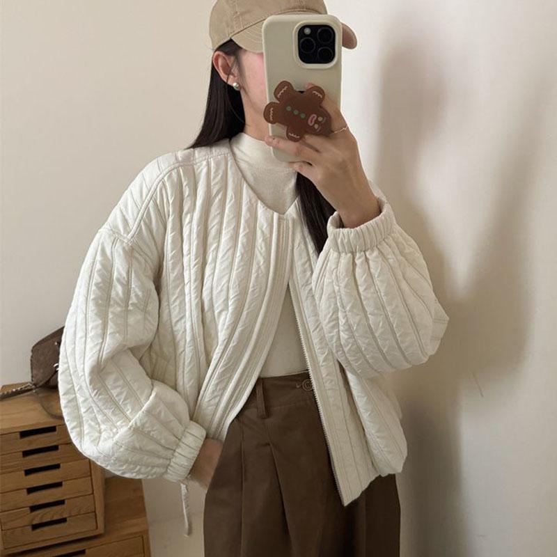 Koreanischer O-Ausschnitt Leichte Baumwolljacke Damen Winter Locker Reißverschluss Parkas Mantel Mode Oberbekleidung Damen Wintermantel