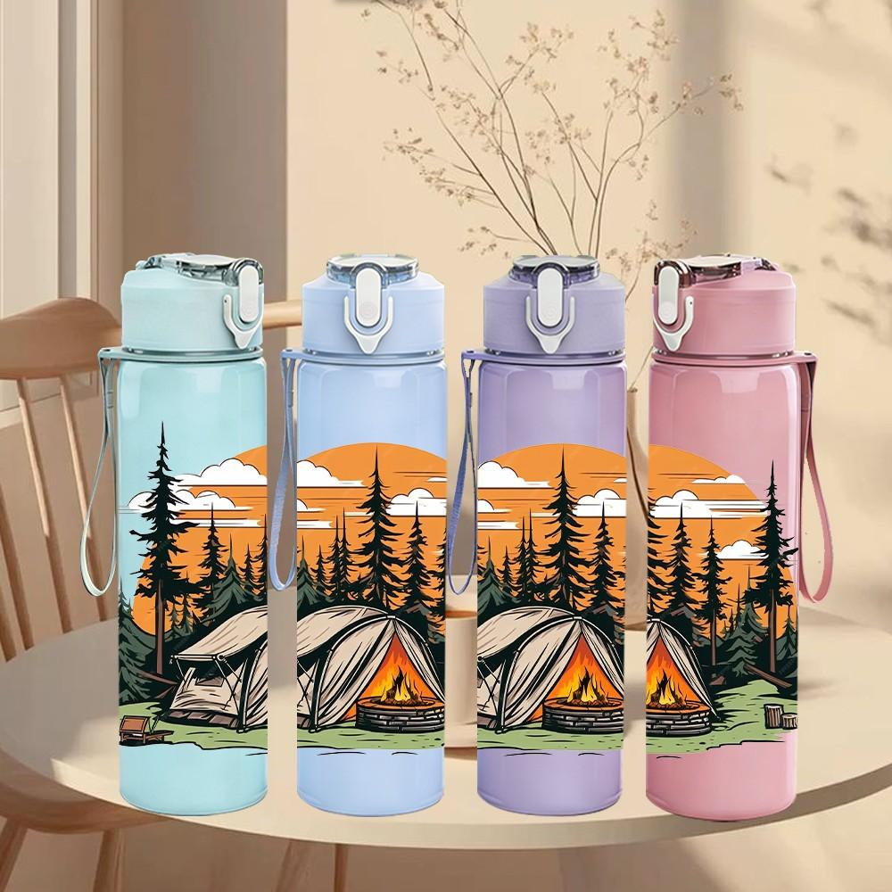 1PC Camping Tent Mountain Sunset Print 750ml Color Plastic Sports Water Bottle Leakproof Flip Straw Lid Suitable for Sports Office Home Use