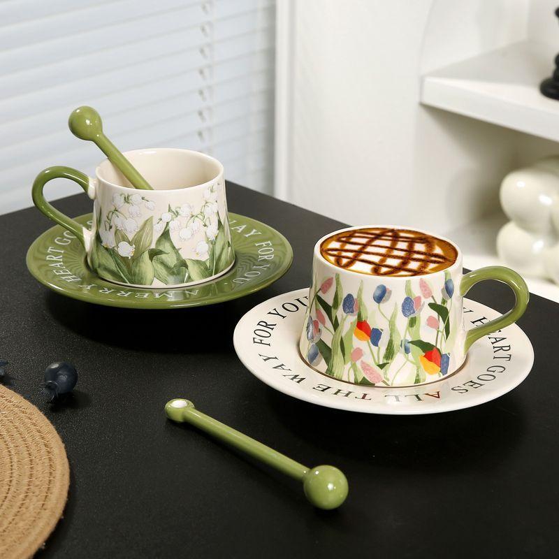 Original Hand Painted Lily of The Valley Flower Ceramic Coffee Cup Saucer Set Niche Latte Cup Afternoon Tea Exquisite Souvenir Gift