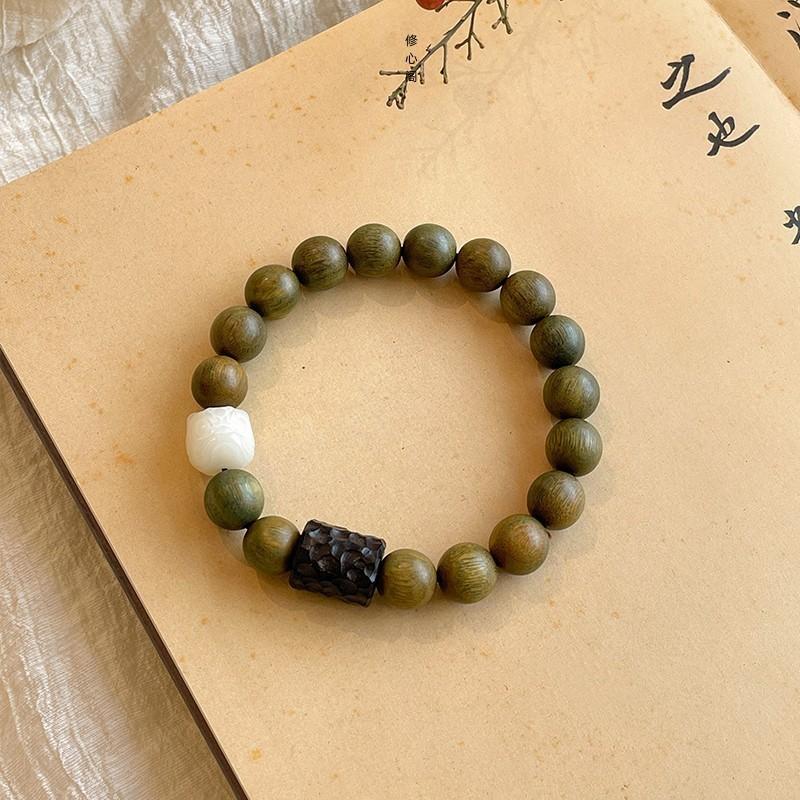 Natural Green Sandalwood Buddha Lion Wood Carving Black Ebony Cool Touch Bracelet Couple Vintage Style