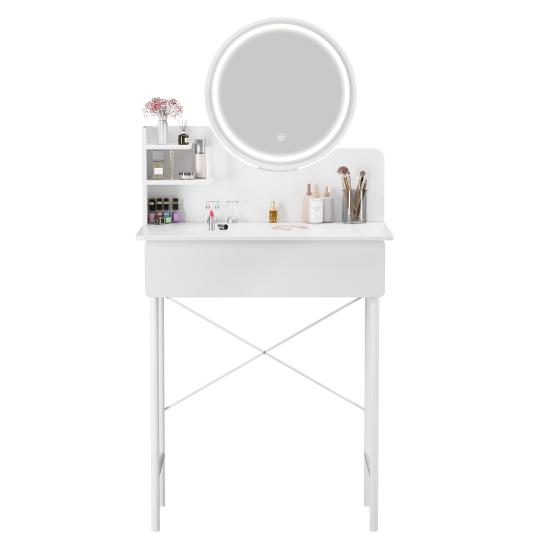 Makeup Vanity Desk with LED Lighted Mirror, Vanity Table with 1 Drawer and 2 Opening Shelves, Bedroom Dressing Table, 3 Modes Brightness Adjustable