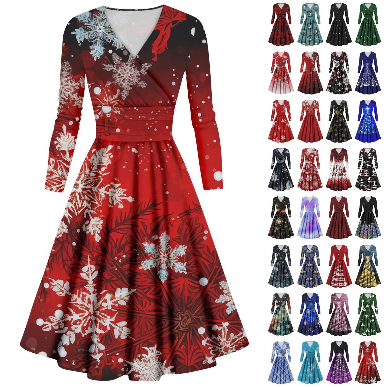 

Женское повседневное и модное сексуальное платье с v-образным вырезом и длинными рукавами с рождественским принтом L чёрный