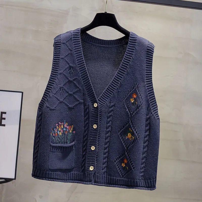 Autumn and Winter Women's V-neck Knitted Cardigan Vest Hollow Embroidered Vest Loose Retro Knitted Sleeveless Top