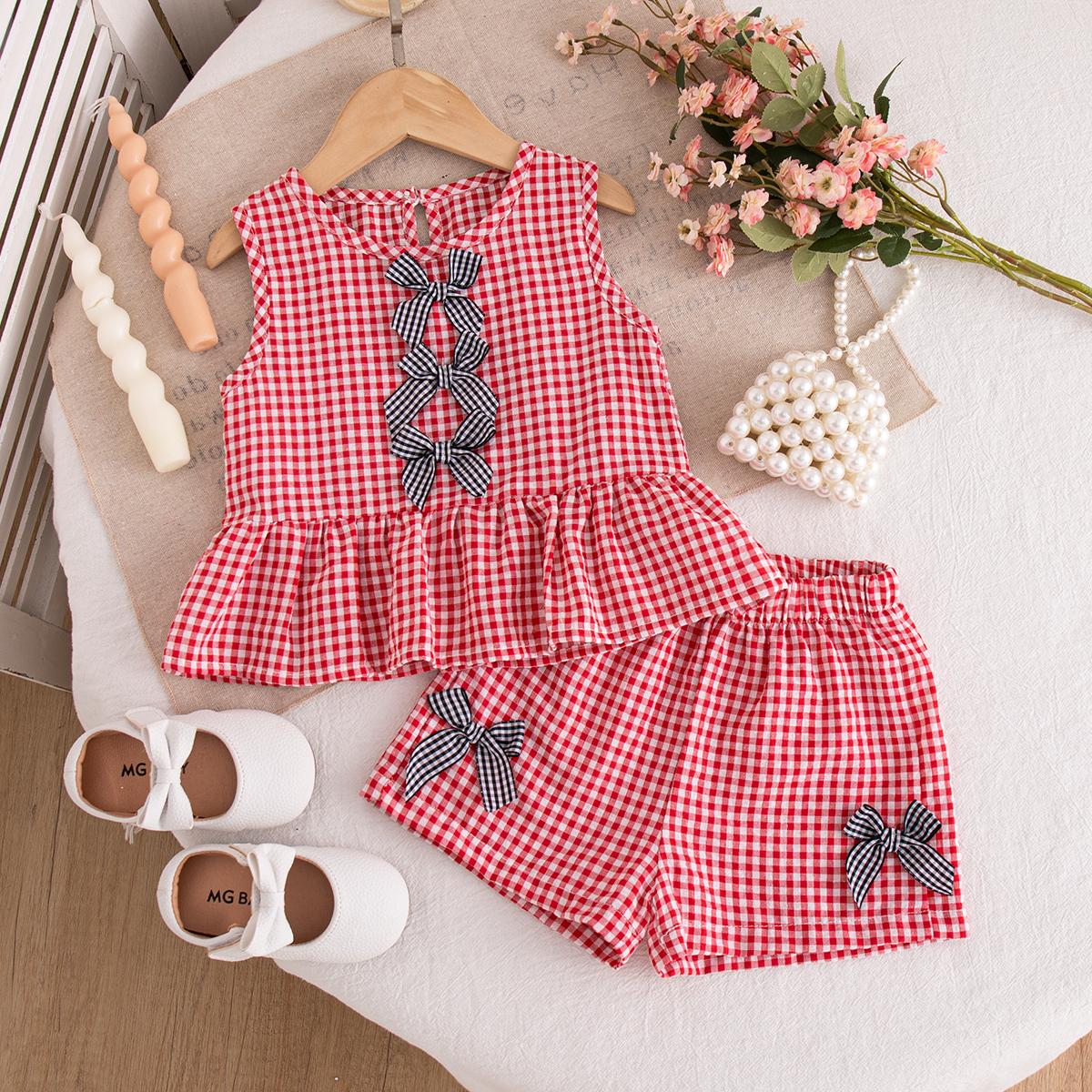 Baby Girl Set Summer Plaid Bow Top And Shorts Baby Girl Clothes Cute Beach Baby Outfit Set 70(6-9M) красный