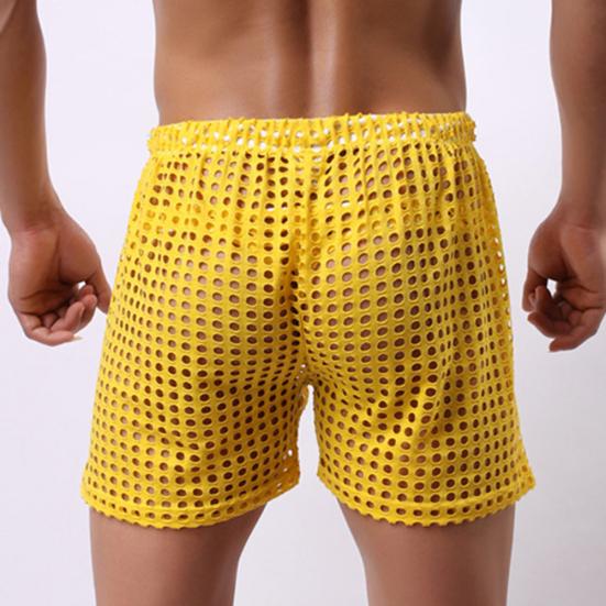 Erotic Men Solid Color Mesh See Through Hollow out Drawstring Shorts Beach Pants