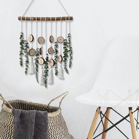 Bohemian Artificial Plants Hanging Tapestry, Handmade Tapestry with Wooden Beads Chips, Living Room Bedroom Wall Art Decoration
