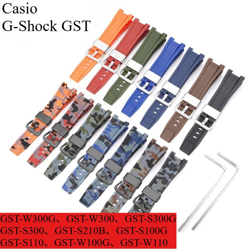 Correa de Resina para Casio G-Shock GST-W300 GST-S300 GST-S210B GST-S110 GST-W110 Hombres Reemplazo Pulsera Brazalete de Goma Camuflada para Reloj