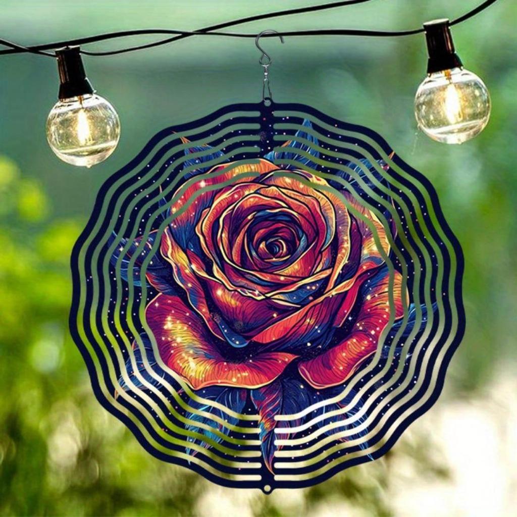 [Durable Build] Vibrant 2D Mandala Rose Wind Chime - Durable Metal Garden Decor, Colorful Outdoor Art for Yard, Patio & Balcony