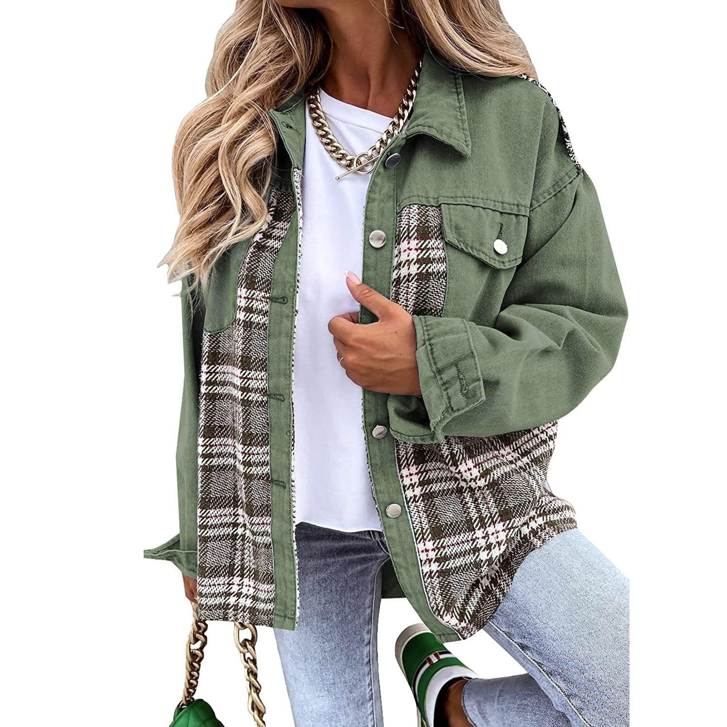 

Женская куртка Джинсовая куртка с длинным рукавом в клетку Рубашка на пуговицах Куртка Топ XXL