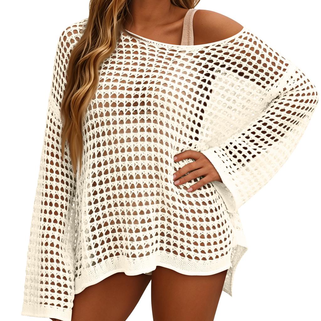 Women’s Loose Fit Long Sleeve Mesh Knit Pullover Top Lightweight See Through Hollow Out Sweater for Beach