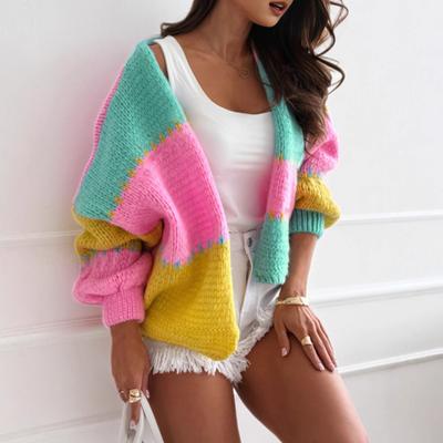 Damen Strick-Cardigan Pullover Herbst Winter vielseitig V-Ausschnitt Regenbogen Farbabstimmung gestrickt Langarm Pullover Jacke Damen