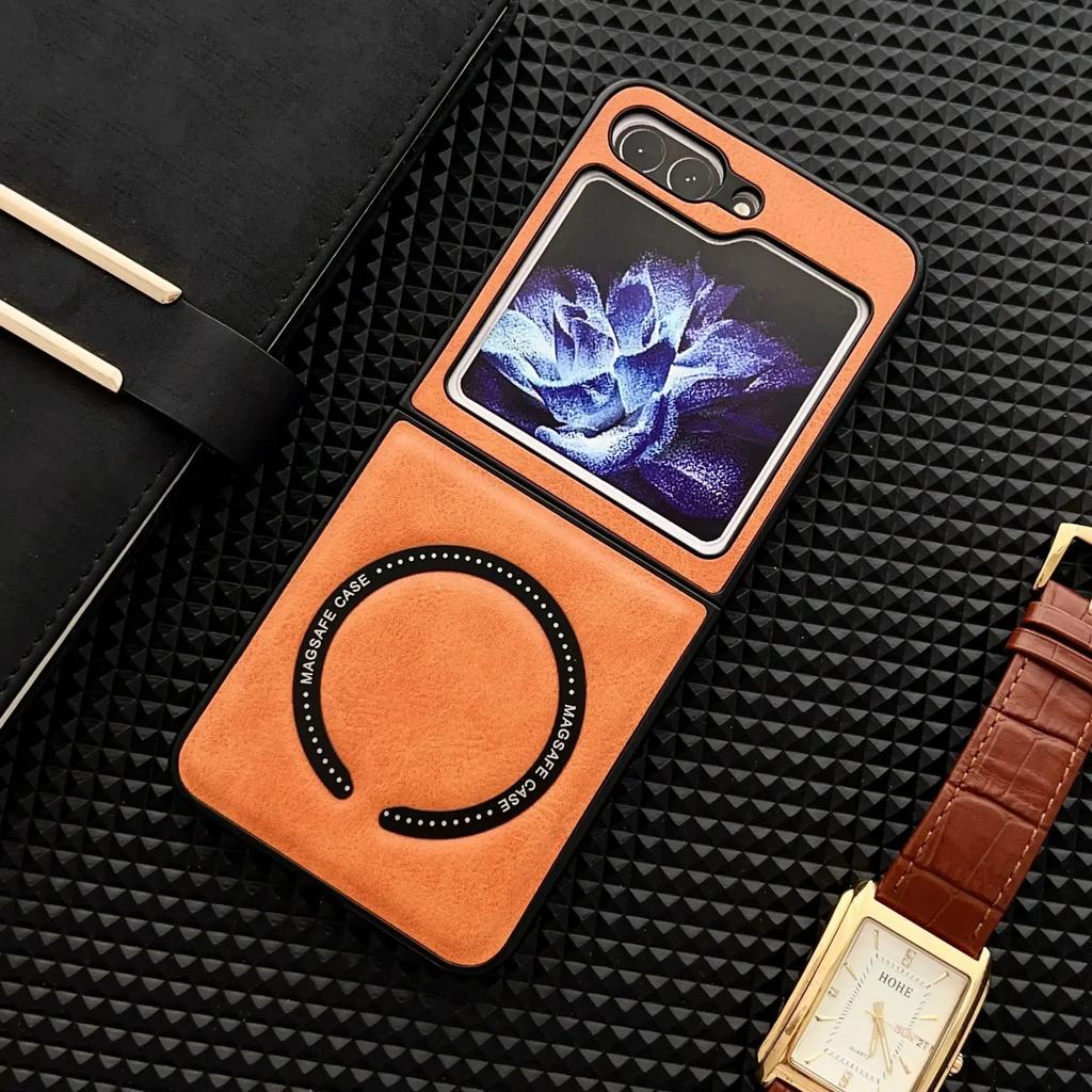 Leather for Magsafe Magnetic Wireless Charge Phone Case for Samsung Galaxy Z Flip 6 5 4 3 Flip5 Flip4 Flip6 5G Shockproof Cover