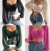 2024 Women's Stylish Puff Sleeve Long Sleeve Square Neck Slim Fit Pleated Top for All Seasons