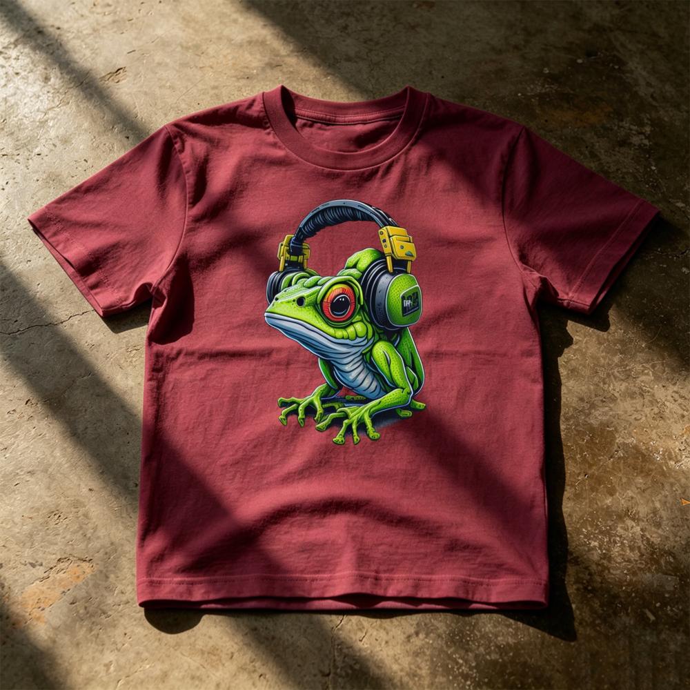 Cool Frog Wearing Headphones Cartoon Animal CharacterNovelty Funny T Shirt Street Pop Art Graphic Tee Summer Daily Wear