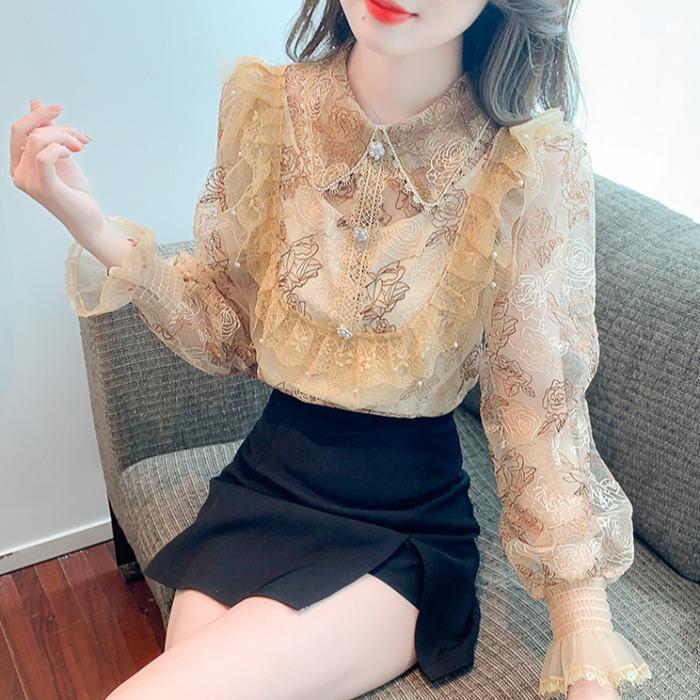 New Winter Style French Puff Sleeve Chiffon Shirt Women's Design Niche Doll Collar Lace Chic Top