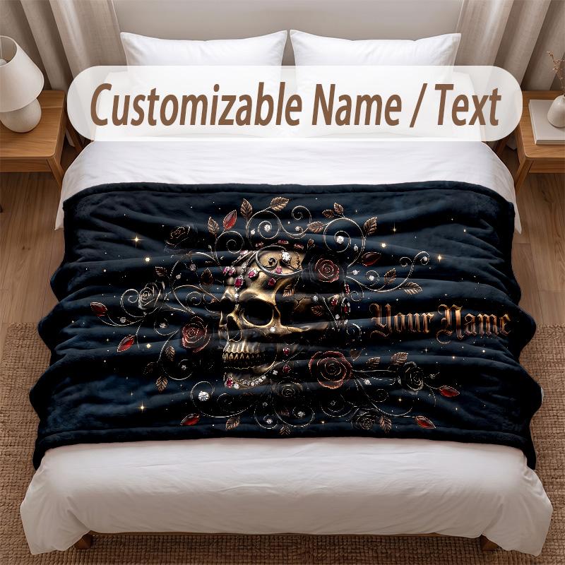 Skull Gothic Theme Soft Blanket Personalized Custom Name Text Print Warm Blanket Home Sofa Bedroom Decor