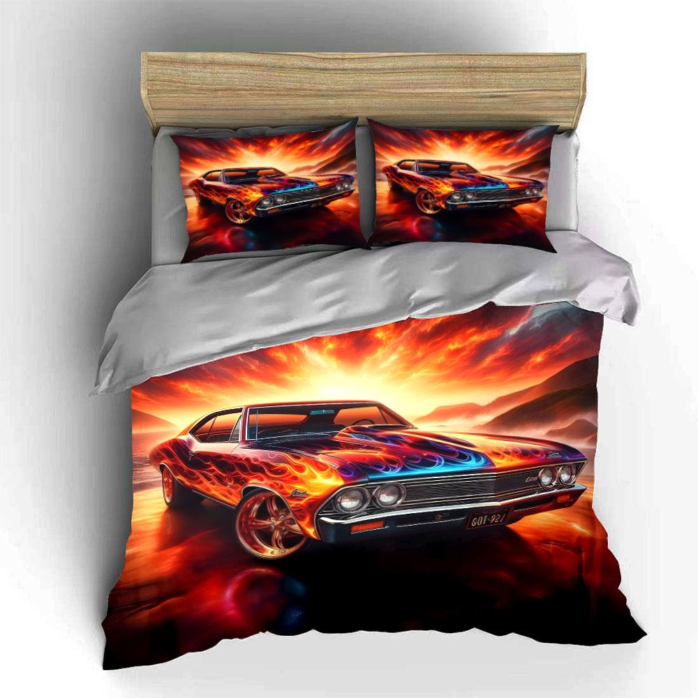 Classic car with fiery sunset painting Bedding Set for Kids Luxury Gift 3pcs Digital Print Comforter Set Soft Comfortable