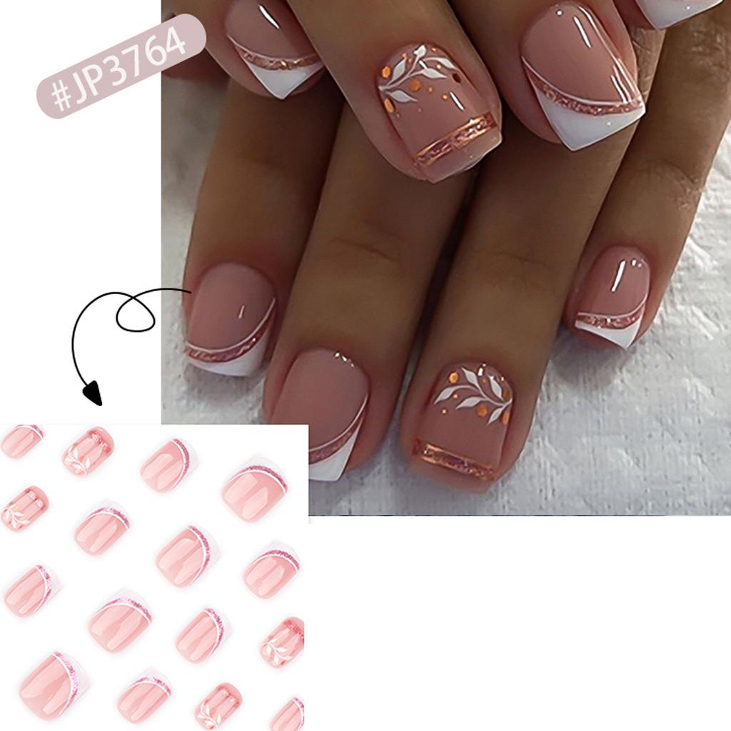 24 Pcs Glittering Press On Nail French Tips False Nail Leaf Full Cover Stick On Nail Short Square Acrylic Nail