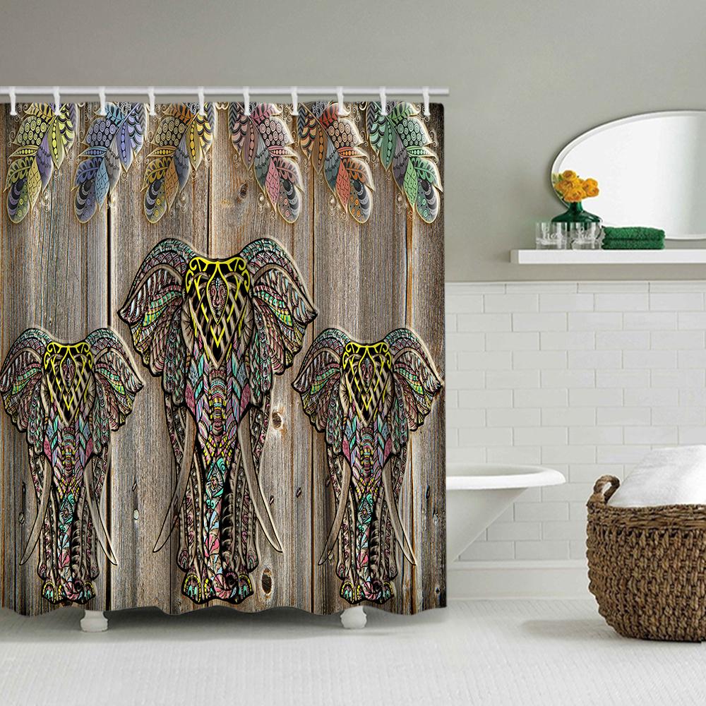 

1/4 Wooden Elephant Shower Curtains, Toilet Seat Decoration, Shower Curtain With Carpet And Toilet Lid, 12 70.8X70.8 Inch Hooks W60H190(CM)-1 Pcs