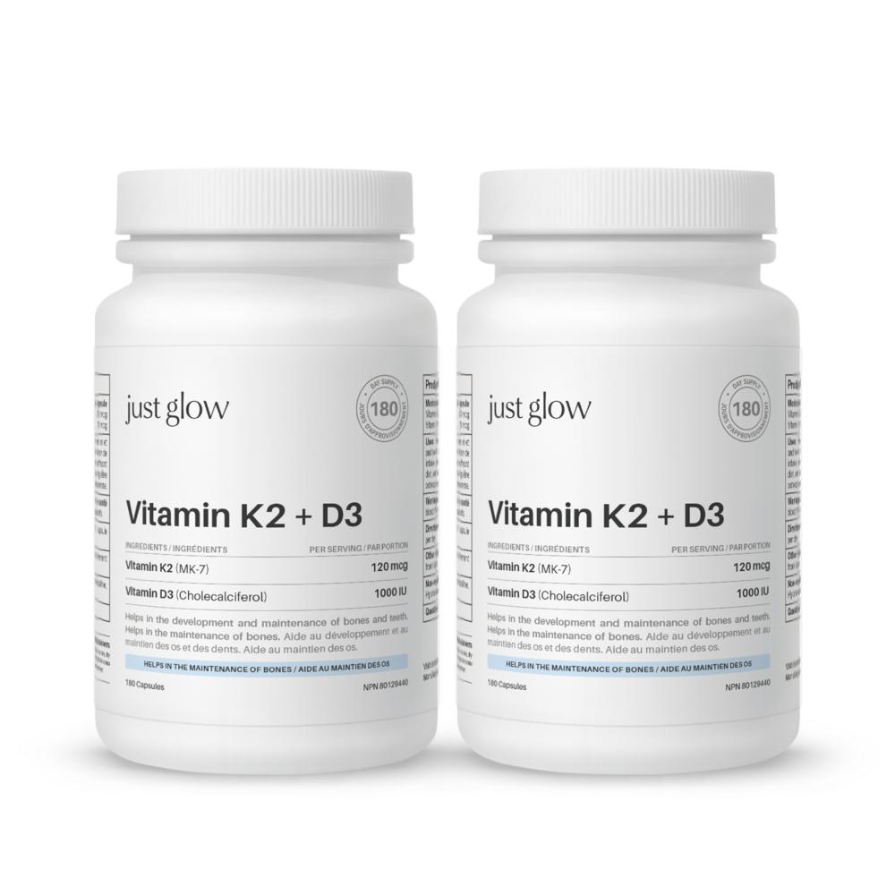 Justglow Vitamin K2+D3 MK7 120mcg + 1000IU Veggie Capsules 2 pcs 180 Tablets