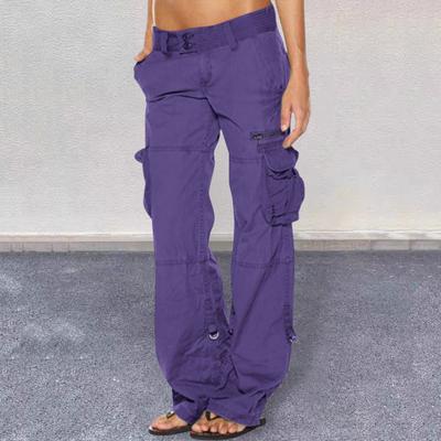 Women Cargo Pants Low-rise Multi-Pocket Design Wide Waist Retro Style Cropped Overalls Solid Color Straight Leg Work Pants