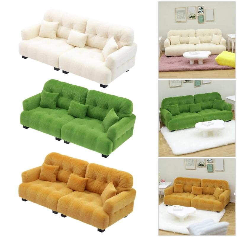 Handmade Mini Couch Dollhouses Single Sofa Set Flocking Loveseat Seater For Realistic Bedroom Scenes