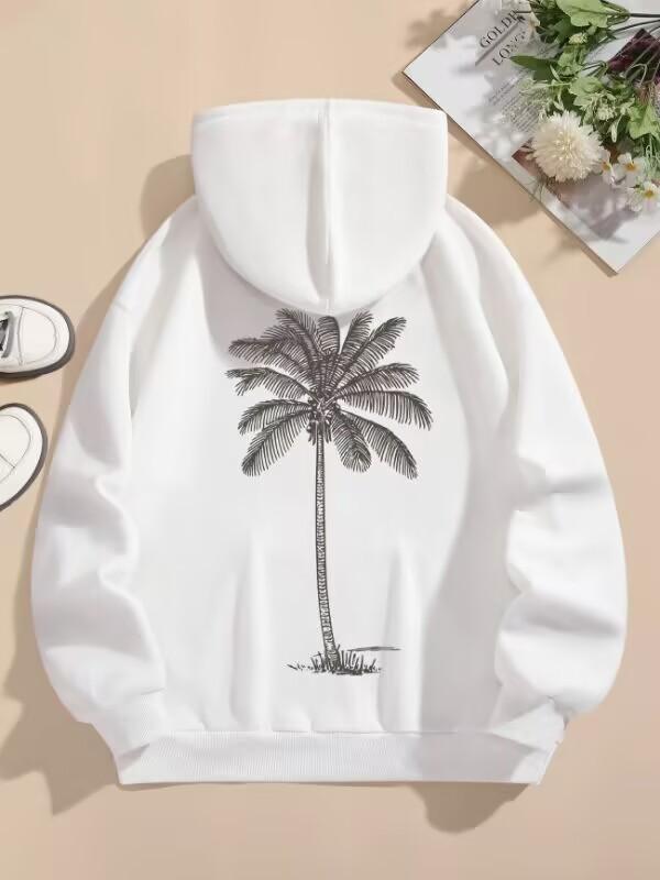 Women's Coconut Tree Print Casual Hoodie, Long Sleeve Sweatshirt with Pockets, Autumn Style.