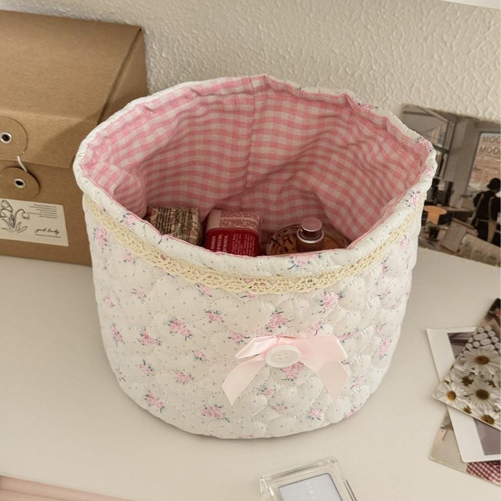 Sweetheart Lace Cylinder Storage Bin With Soft Cotton Material For Desk And Travel Use