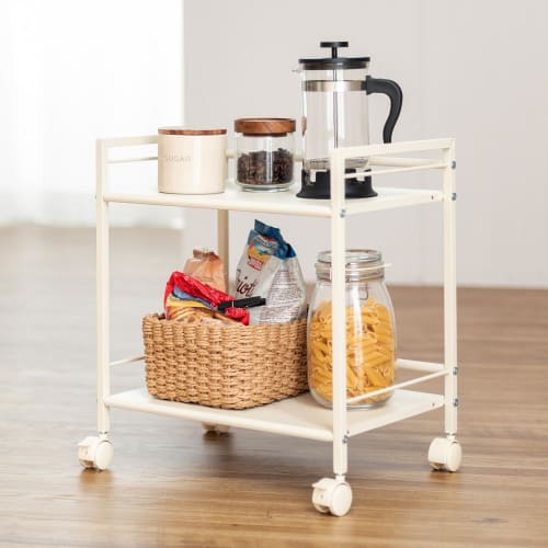 Doshisha Kitchen Rack/Wagon, 2-Tier, with Casters, Color Box Size for Easy Use and Easy Cleaning with Perforated Iron Panels, Ivory, GC-P46IV, 43cm Wi