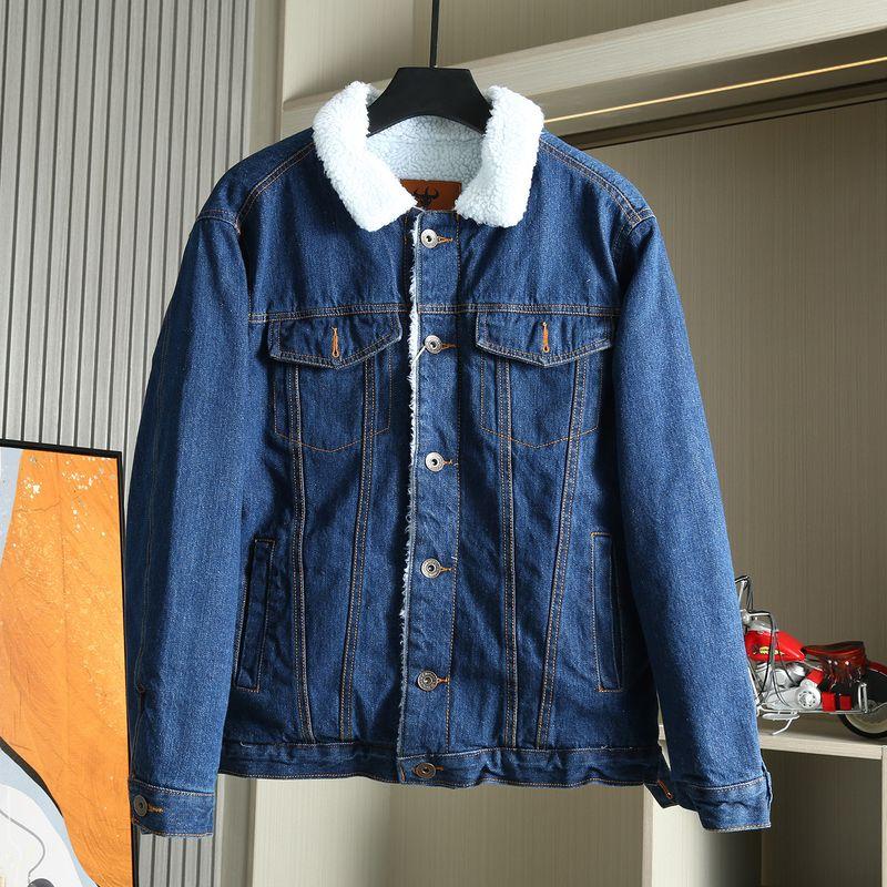 Winter Vintage Lamb Wool Lapel Denim Jacket for Men, Thickened Warm Workwear Style Washed Jacket Trendy