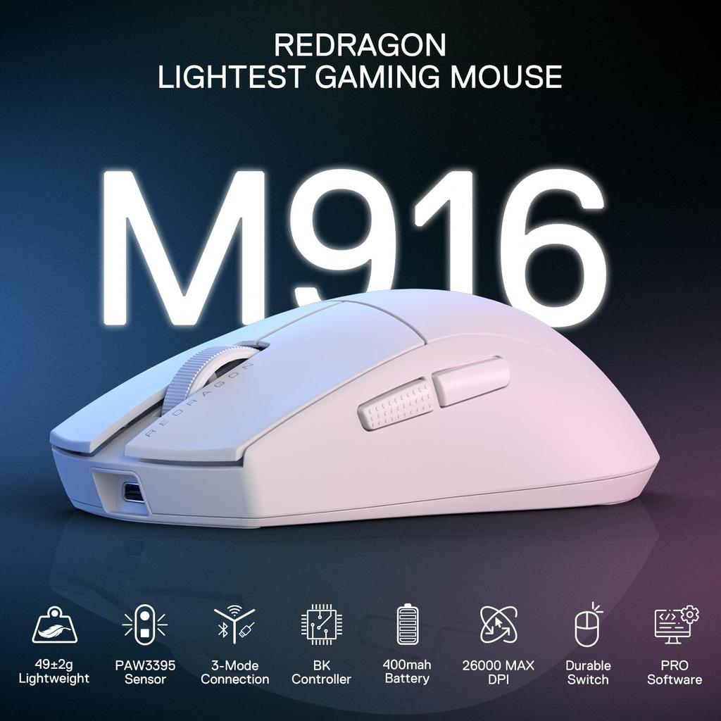 Redragon M916 PRO Wireless Gaming Mouse 49G 26K DPI Mouse Ergonomic Natural Grip Build Fully Programmable Buttons Software Supports DIY Key Binding