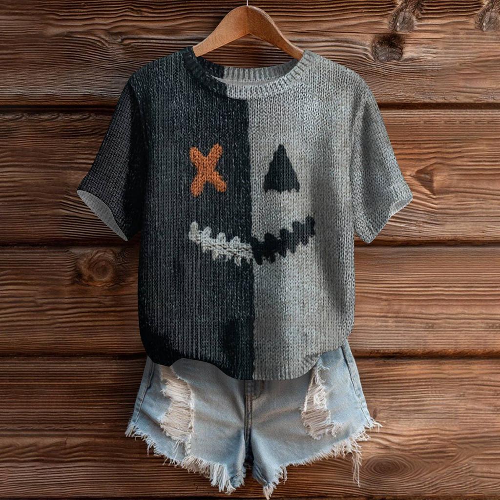 Women's Cute Sweater Knitted Fashion Casual Round-neck Short-sleeved  Cozy Print Top