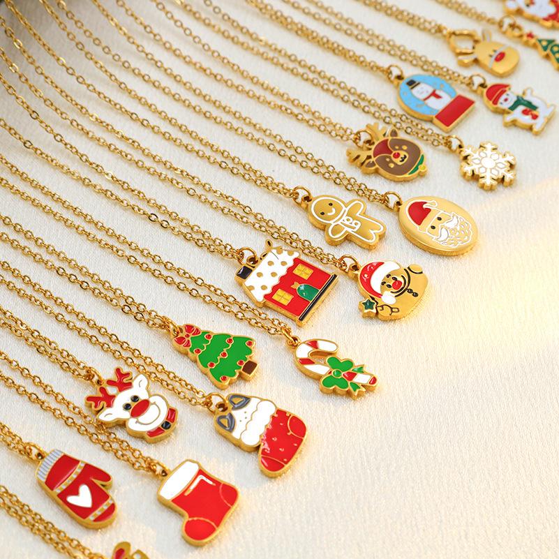 Christmas Cartoon Oil Dripping Elk Snowman Bell Necklace, Creative Design Gift Versatile Item Pendant Woman