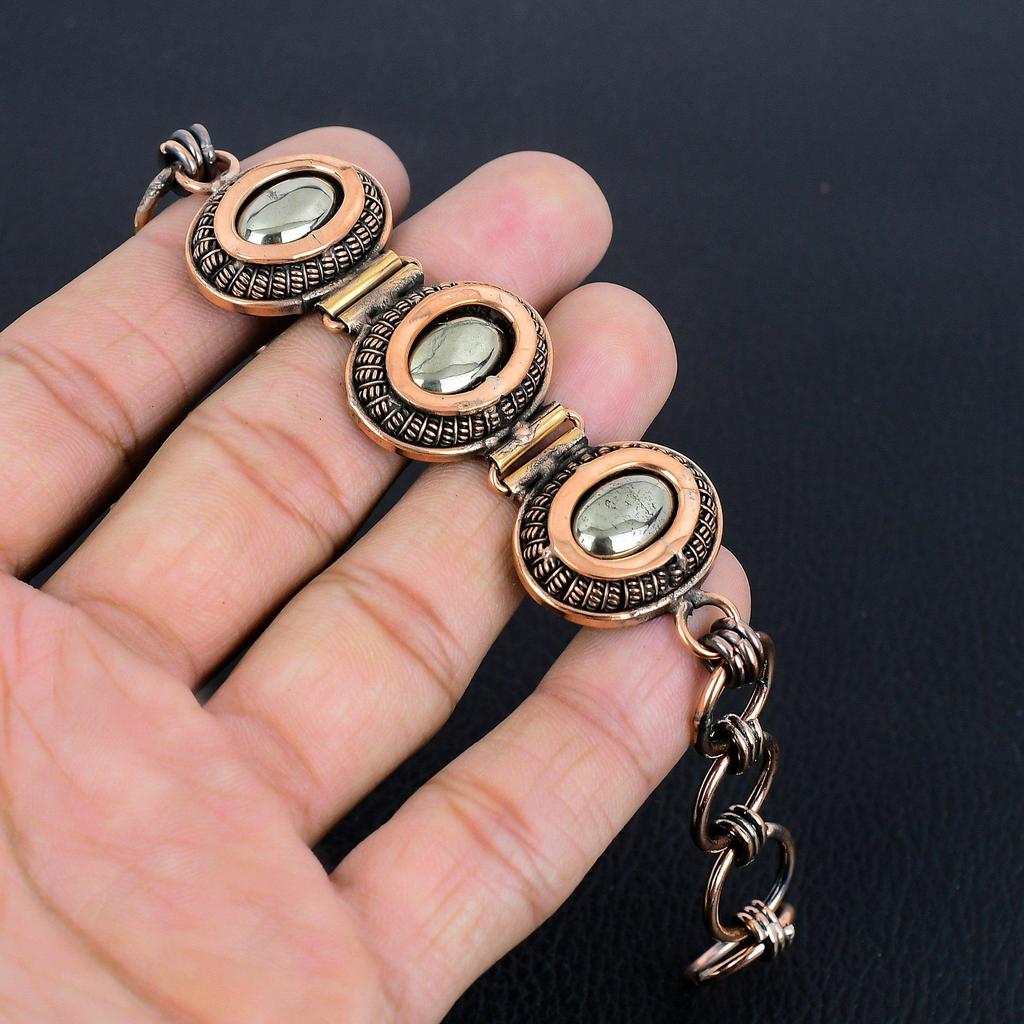 Golden Apache Pyrite Bracelet, 999 Copper Wire Wrapped Jewelry, Gemstone Bracelet Whit Adjustable Chain Gift For Her, Handmade Dainty Jewelry