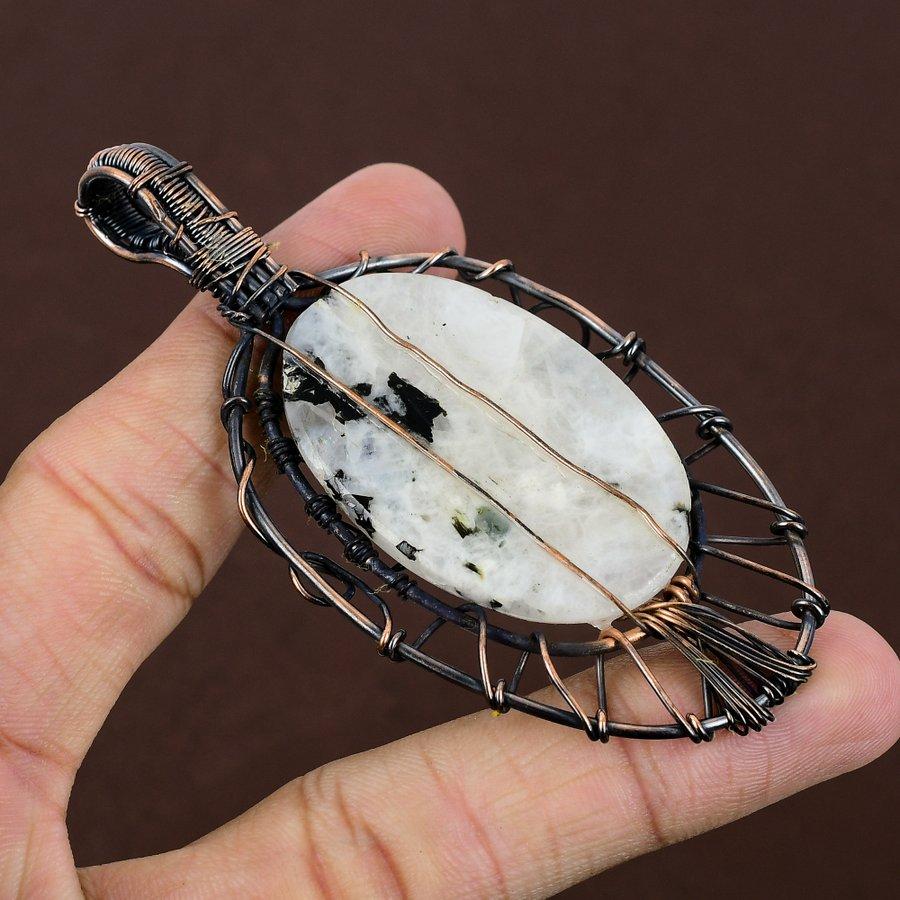 Natural Rainbow Moonstone Gemstone Copper Wire Wrap Gift Pendant 3.43" j8q71